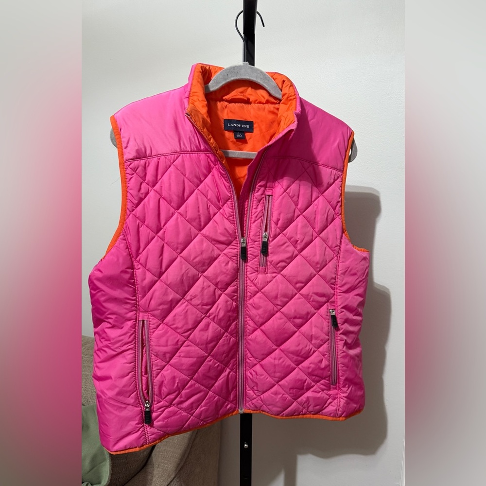 Lands' End Bright Pink‎ Quilted Vest with Orange Trim Primaloft Down Alternative